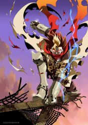  1boy arm_belt armor blonde_hair boots brown_hair commentary_request company_name dengeki_stryker electricity gauntlets male_focus multicolored_hair outdoors red_scarf scarf spiky_hair streaked_hair superhero_landing twilight yuuki_yamato 