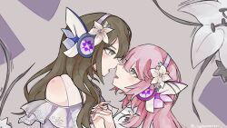  2girls bang_dream! bang_dream!_our_notes blush brown_hair commentary english_commentary eye_contact flower grey_eyes hair_flower hair_ornament headphones highres holding_hands indoors izumi_houka kotohira_nagi long_hair looking_at_another magnet_(vocaloid) multiple_girls open_mouth pink_hair samuperior yuri 