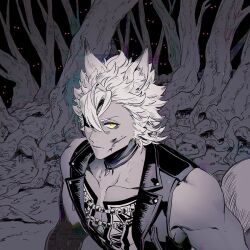  1boy animal_ears blood blood_on_face commentary_request eyes_in_shadow forest jack_howl jacket jip leather leather_jacket male_focus nature outdoors savanaclaw_dorm_uniform sleeveless sleeveless_jacket solo spot_color tail toned toned_male twisted_wonderland upper_body wolf_boy wolf_ears wolf_tail yellow_eyes 