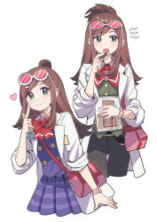  2girls absurdres ace_attorney age_comparison apollo_justice:_ace_attorney badge bag belt_buckle black_pants blue_skirt blue_vest bow bowtie brown_hair buckle button_badge buttons closed_mouth coat commentary_request contrast_collar cowboy_shot cropped_legs double-breasted eating ema_skye finger_to_cheek flipped_hair green_eyes green_vest hair_bun half_updo hand_up heart highres holding holding_bag lab_coat lapels long_hair long_sidelocks looking_at_viewer looking_to_the_side miniskirt multiple_girls notched_lapels open_clothes open_coat open_mouth pants parted_bangs phoenix_wright:_ace_attorney pink_bag pleated_skirt red-tinted_eyewear red_bow red_bowtie round_eyewear shocho_(shaojiujiu) shoulder_bag sidelocks simple_background skirt sleeves_rolled_up smile snackoos thigh_gap tinted_eyewear vest watch watch white_background white_coat 
