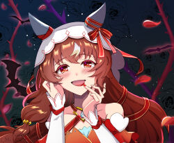  1girl animal_ears bare_shoulders bat_(animal) blush breasts brown_hair collarbone commentary_request detached_sleeves dress ear_covers ear_ribbon hair_between_eyes hand_on_own_cheek hand_on_own_face highres horse_ears horse_girl long_hair looking_at_viewer multicolored_hair open_mouth petals plant red_dress red_eyes red_nails ribbon single_polished_nail small_breasts smile solo still_in_love_(scarlet_vow_raiment)_(umamusume) still_in_love_(umamusume) streaked_hair tatsuki_020104 thorns umamusume upper_body veil vines white_streaks white_veil 