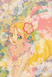  1girl aizen_(syoshiyuki) blonde_hair choker colored_bangs colored_eyelashes commentary_request crop_top cure_summer floral_background gradient_hair green_eyes highres long_hair magical_girl multicolored_hair natsuumi_manatsu one-hour_drawing_challenge pink_sailor_collar precure sailor_collar side_ponytail solo tropical-rouge!_precure two-tone_hair upper_body 