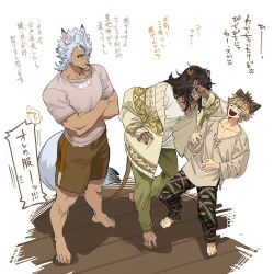  3boys animal_ears brown_eyes cardigan crossed_arms dark-skinned_male dark_skin full_body highres hyena_boy hyena_ears jack_howl jip laughing leona_kingscholar lion_boy lion_ears lion_tail male_focus multiple_boys open_cardigan open_clothes pajamas ruggie_bucchi savanaclaw_dorm shorts standing tail twisted_wonderland white_background white_hair wolf_boy wolf_ears wolf_tail yellow_cardigan yellow_eyes 