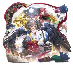  2girls alternate_costume animal_ears black_bow black_gloves black_wings blue_dress blue_sleeves bow braid capelet cat_ears christmas christmas_ornaments christmas_wreath detached_sleeves dress extra_ears feathered_wings frown full_body full_moon fur-trimmed_dress fur-trimmed_sleeves fur_trim game_asset gift gloves green_bow hair_bow holding holding_gift kaenbyou_rin kneeling leaning_forward long_hair looking_at_viewer messy_hair moon multiple_girls night non-web_source official_art open_mouth outdoors red_capelet red_dress red_eyes red_hair reflection reiuji_utsuho self-datamine simple_background smile standing teddypocky touhou touhou_arcadia_record transparent_background twin_braids twintails wings wreath 