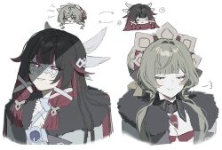  2girls black_hair blunt_bangs closed_eyes coat columbina_(genshin_impact) commentary cropped_shoulders detached_collar eye_mask eyelashes eyes_visible_through_eyewear fatui_coat genshin_impact grey_hair hair_flaps hair_flowing_over hair_intakes hair_ribbon head_wings headpiece koooooo63532680 long_sidelocks low-tied_sidelocks mask multicolored_hair multiple_girls parted_lips personality_switch pink_hair ribbon sandrone_(genshin_impact) sidelocks simple_background smile teeth two-tone_hair untranslatable_commentary white_background white_coat white_ribbon white_wings wings 