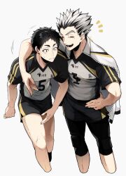  2boys akaashi_keiji arm_around_neck black_hair black_pants black_shorts bokuto_koutarou closed_mouth commentary_request cropped_legs frown fukurodani_volleyball_uniform grey_hair haikyuu!! hand_on_own_hip highres jacket jacket_on_shoulders male_focus multiple_boys notice_lines omg_genjitsu open_mouth pants shirt short_sleeves shorts smile spiky_hair sportswear striped_clothes striped_shirt teeth unzipped v-neck vertical-striped_clothes vertical-striped_shirt volleyball_uniform white_jacket wide-eyed 