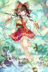  1girl absurdres ascot bow detached_sleeves frilled_bow frilled_hair_tubes frills full_body gohei hair_bow hair_tubes hakurei_reimu highres holding holding_gohei kozawa_kazahana original red_bow red_shirt red_skirt ribbon-trimmed_sleeves ribbon_trim shirt skirt skirt_set smile socks solo touhou undershirt white_shirt white_socks yellow_ascot 