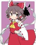  1girl ascot bare_shoulders blush bow brown_eyes brown_hair closed_mouth detached_sleeves gohei hair_between_eyes hair_bow hair_tubes hakurei_reimu highres holding ini_(inunabe00) japanese_clothes nontraditional_miko red_bow red_skirt ribbon-trimmed_sleeves ribbon_trim sarashi short_hair sidelocks skirt solo touhou white_sleeves wide_sleeves yellow_ascot 
