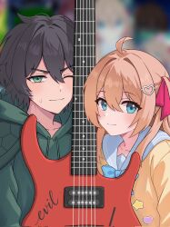  1boy 1girl ahoge black_hair blue_bow blue_bowtie blue_eyes blue_sailor_collar bow bowtie brown_hair cardigan commentary_request commission from_side green_eyes green_hoodie guitar hair_between_eyes hair_intakes hair_ornament hair_ribbon heart heart_hair_ornament highres hood hoodie instrument long_hair long_sleeves looking_at_viewer neuro-sama neuro-sama_(1st_costume) one_eye_closed personification red_ribbon ribbon sailor_collar short_hair two_side_up upper_body vedal987 vedal_ai virtual_youtuber wjcwzbdhs yellow_cardigan 