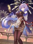  1girl absurdres ahoge bangs bare_shoulders bell black_gloves blue_hair breasts brown_pantyhose chinese_knot detached_sleeves fireworks flower_knot ganyu_(genshin_impact) genshin_impact gloves gold_trim hand_on_own_chest highres horns long_hair looking_at_viewer medium_breasts neck_bell night pantyhose sidelocks smile solo standing t-mark tassel thighlet violet_eyes vision_(genshin_impact) white_sleeves 