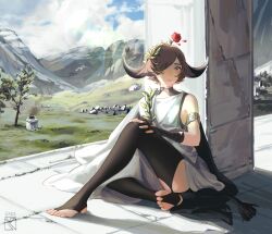 1girl ancient_greek_clothes animal_ears arknights armlet artist_logo bare_shoulders black_shirt black_thighhighs blush brown_hair clouds cloudy_sky cow_ears cow_girl cow_horns cow_tail dated fingerless_gloves flower flower_on_head gloves grass greco-roman_clothes green_eyes hair_over_one_eye highres horns jewelry knee_up laurel_crown logo mon0ch mountain official_alternate_costume pallas_(arknights) pallas_(heritage)_(arknights) petals robe rose rose_petals shirt short_hair sitting sky smoke solo tail thigh-highs thighs toeless_legwear toes tree white_robe 