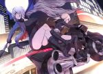  2girls ahoge artoria_pendragon_(fate) bangs belt black_footwear blonde_hair boots breasts building crossed_legs eyebrows_hidden_by_hair fate/grand_order fate/stay_night fate_(series) flag grey_hair ground_vehicle holding holding_flag holding_weapon hood hoodie jacket jeanne_d&#039;arc_alter_(avenger)_(fate) jeanne_d&#039;arc_alter_(fate) jeanne_d&#039;arc_alter_(ver._shinjuku_1999)_(fate) long_hair looking_to_the_side makishima_azusa moon motor_vehicle motorcycle multiple_girls night night_sky open_mouth ponytail riding road saber_alter short_hair shorts sky smile street weapon 