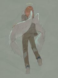  1boy angel_devil_(chainsaw_man) angel_wings black_suit blue_shoes chainsaw_man commentary_request feathered_wings from_behind full_body grey_background halo highres jacket long_hair male_focus midair mumumi shoes simple_background solo suit suit_jacket suit_pants traditional_halo white_wings wings 