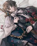  1boy bed_sheet brown_hair cross faust_lavinia flower glasses highres krank long_sleeves looking_to_the_side lying mahoutsukai_no_yakusoku male_focus mirror on_back red_flower red_rose rose short_hair solo violet_eyes wavy_hair 