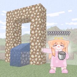  1girl absurdres aether_portal blue_archive blue_sky blunt_bangs blush chibi closed_eyes clouds commentary day english_commentary full_body halo highres holding horuhara long_hair long_sleeves mari_(blue_archive) minecraft neck_ribbon no_nose open_mouth orange_hair outdoors pajamas pink_pajamas pink_slippers polka_dot polka_dot_pajamas ribbon sky sleeves_past_wrists slippers solo standing tearing_up the_aether_(minecraft) yellow_halo 