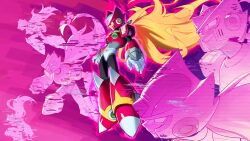 absurdres android armor aura blonde_hair buzzsaw_(6631455) chest_jewel clone evil_smile floating_hair forehead_jewel gloves helmet highres long_hair male_focus mega_man_(series) mega_man_x_(series) multiple_boys ponytail red_armor red_aura red_background red_eyes red_helmet smile teeth white_gloves zero_(mega_man) 