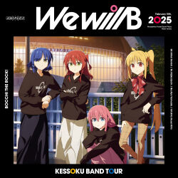  2025 4girls absurdres album_cover aniplex black_hoodie black_skirt blonde_hair blue_hair bocchi_the_rock! bow bowtie brown_pants closed_mouth commentary_request cover crossed_arms cube_hair_ornament gotoh_hitori group_name hair_ornament hand_on_own_wrist highres hood hood_down hoodie ijichi_nijika kessoku_band kessoku_band_hoodie_(bocchi_the_rock!) kita_ikuyo long_hair looking_at_viewer multiple_girls night official_art outdoors pants pink_hair pink_pants red_bow red_bowtie red_hair short_hair side_ponytail skirt squatting standing track_pants yamada_ryo 