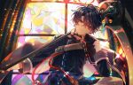  1boy black_hair closed_mouth head_rest holding holding_weapon long_sleeves looking_at_viewer looking_down mahoutsukai_no_yakusoku male_focus naruta_iyo red_eyes scythe shino_sherwood short_hair sitting solo stained_glass weapon window 