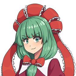  1girl :3 bow front_ponytail green_eyes green_hair highres kagiyama_hina portrait praeto red_bow red_ribbon ribbon simple_background smile solo touhou v-shaped_eyebrows white_background 