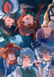  6+girls absurdres animal_ears ascot black_ascot black_dress black_hairband blonde_hair blue_hat bow braid brown_hair cat_ears chest_eye chinese_commentary collared_shirt commentary_request cross-laced_clothes cross-laced_dress dress extra_ears green_bow green_eyes green_vest grey_hair hair_bobbles hair_bow hair_ornament hairband hat highres hijiri_byakuren hjwhuhu kaenbyou_rin konpaku_youmu long_hair mononobe_no_futo multiple_girls onozuka_komachi open_mouth orange_eyes orange_hair purple_hair red_eyes red_hair reiuji_utsuho shirt smile third_eye touhou twin_braids vest white_dress white_shirt 