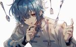  1boy blue_hair fork hair_over_one_eye jewelry knife long_sleeves looking_at_viewer mahoutsukai_no_yakusoku male_focus naruta_iyo nero_turner one_eye_covered ring solo spoon tongue tongue_out utensil white_background yellow_eyes 