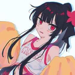  1girl alternate_costume alternate_hairstyle bare_shoulders black_hair blunt_bangs blush cheerleader commentary_request embarrassed flat_chest flower hair_flower hair_ornament holding holding_pom_poms light_blush long_hair looking_at_viewer mahou_shoujo_no_majo_saiban midriff_peek nikaido_hiro omegayukichi open_mouth pom_pom_(cheerleading) pom_poms ponytail red_eyes red_flower simple_background sweatdrop upper_body white_background 