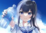  &gt;:) 1girl bangs black_hair blue_eyes blue_sky blurry blurry_foreground blush bottle closed_mouth clouds cloudy_sky commentary_request day depth_of_field hair_between_eyes holding holding_bottle long_hair minami_saki original outdoors ponytail sailor_collar school_uniform serafuku shirt short_sleeves sidelocks sky smile solo v-shaped_eyebrows water_bottle white_sailor_collar white_shirt 