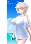  1girl asymmetrical_hair blush breasts closed_mouth collarbone cowboy_shot cypress kantai_collection large_breasts long_hair mole mole_under_eye shirt short_sleeves smile solo unryuu_(kancolle) very_long_hair white_hair white_shirt yellow_eyes 