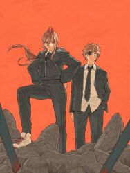  1boy 1girl black_jacket black_necktie black_pants blonde_hair chainsaw_man closed_mouth commentary_request demon_horns denji_(chainsaw_man) dress_shirt eyepatch floating_hair hair_between_eyes hand_in_pocket hands_on_own_hips highres hood hood_down hooded_jacket horns jacket long_hair looking_at_viewer mumumi necktie open_clothes open_jacket orange_background pants pocket power_(chainsaw_man) red_horns shirt shoes short_hair simple_background smile standing suit_jacket suit_pants untucked_shirt white_shirt white_shoes zipper_pull_tab 