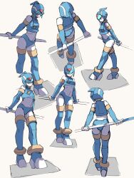  1girl absurdres armor blue_armor blue_helmet breasts commentary_request fairy_leviathan_(mega_man) forehead_jewel full_body grey_background helmet highres holding holding_polearm holding_weapon mega_man_(series) mega_man_zero_(series) omochi_(mochi_skymega) polearm simple_background sketch solo spear weapon 
