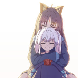  2girls absurdres animal_ears black_hair blue_kimono breasts cho_kaguya-hime! closed_eyes commentary fox_ears fox_girl highres huge_breasts japanese_clothes kimono long_hair long_sleeves multiple_girls nail_polish pink_hair runami_yachiyo runami_yachiyo_(chibi) sakayori_iroha simple_background thereaakari twintails white_background white_hair 
