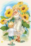  bare_arms blonde_hair blue_short breasts claudia_strife closed_eyes cloud_strife collarbone dress final_fantasy final_fantasy_vii final_fantasy_vii_remake flower halu-ca highres leaning_forward long_dress long_hair lower_teeth male_child medium_breasts mother_and_son open_mouth outdoors outstretched_arms ponytail sandals shirt short_hair smile spiky_hair sundress sunflower teeth upper_teeth white_dress white_shirt 