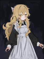 1girl absurdres apron bangs black_background black_shirt blonde_hair blush bow closed_mouth curly_hair dot_nose expressionless hair_between_eyes hair_bow haru_(ririne9999rine) highres long_hair long_sleeves maid maid_apron original shirt sidelocks solo standing white_apron white_bow yellow_eyes 