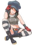  1girl adjusting_clothes adjusting_headwear aoi_nori_(aoicoblue) bare_shoulders black_hair black_shorts blue_headwear boots breasts cropped_shirt denim denim_shorts final_fantasy final_fantasy_vii final_fantasy_vii_remake full_body gloves grey_eyes hair_between_eyes kyrie_canaan long_hair looking_at_viewer medium_breasts midriff navel one_eye_closed parted_lips red_gloves shirt short_shorts shorts sitting sleeveless sleeveless_shirt smile solo striped striped_legwear teeth thigh-highs white_background 