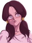  1girl black_hair blue_eyes close-up commentary dragon_ball dragon_ball_z highres kiecaburn looking_to_the_side portrait shirt simple_background smile solo twintails videl white_background 