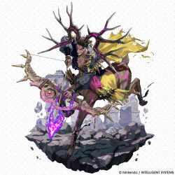  1boy absurdres animal_ears antlers arrow_(projectile) bow_(weapon) cape centauroid claude_von_reigan_(uniting_wind) claude_von_riegan claude_von_riegan_(timeskip) commentary_request copyright_notice deer_antlers deer_boy deer_ears deer_tail english_commentary failnaught_(fire_emblem) fire fire_emblem fire_emblem:_three_houses fire_emblem_shadows flaming_arrow furry furry_male highres holding holding_arrow holding_bow_(weapon) holding_weapon hooves horns looking_at_viewer male_focus monster_boy nanafuji_man official_art purple_fire ruins scar scar_across_eye scar_on_face second-party_source solo tail taur weapon yellow_cape 