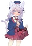  1girl animal_ear_fluff animal_ears bag blue_eyes blue_headwear blue_jacket braid cat_ears cat_girl cat_tail commission eip_(pepai) grey_hair hat highres jacket long_hair open_mouth original own_hands_together pleated_skirt red_skirt shirt shoulder_strap simple_background skeb_commission skirt solo tail thigh-highs twin_braids twintails white_background white_shirt white_thighhighs 