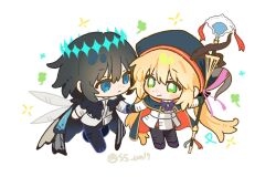  1boy 1girl artoria_caster_(fate) artoria_caster_(second_ascension)_(fate) artoria_pendragon_(fate) black_gloves black_pants black_pantyhose blonde_hair blue_cape blue_eyes blue_hat blush bow bowtie cape chibi clover diamond_hairband dress empty_eyes fate/grand_order fate_(series) frown full_body fur-trimmed_cape fur_trim gloves green_eyes grey_hair hat holding holding_hands holding_staff insect_wings long_hair oberon_(fate) oberon_(third_ascension)_(fate) pants pantyhose purple_bow purple_bowtie red_cape shirt short_hair simple_background single_glove smile sparkle ss_un17 staff staff_of_selection_(fate) twitter_username two-sided_cape two-sided_fabric very_long_hair white_background white_dress white_shirt wings 
