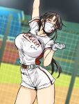 1girl arm_up belt blurry blurry_background blush brown_hair clothes_writing collarbone gloves gradient gradient_clothes grey_eyes grey_gloves henriiku_(ahemaru) long_hair mask mouth_mask one_eye_closed original outdoors solo 