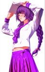  1girl arms_up bangs blunt_bangs blush braid braided_ponytail breast_pocket collared_shirt genshin_impact holding long_hair long_sleeves midriff navel neckerchief parted_lips pleated_skirt pocket purple_hair purple_neckerchief purple_sailor_collar purple_skirt raiden_shogun sailor_collar sailor_shirt sannen_(wuuk5423) shiny shiny_hair shirt simple_background skirt solo standing stomach very_long_hair violet_eyes white_background white_shirt 