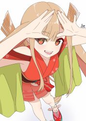  1girl :d absurdres animal_ears ankle_socks armpits arms_up artist_name bare_shoulders black_sash blonde_hair cho_kaguya-hime! clip_studio_paint_(medium) dot_nose extra_ears eyeliner fangs fingernails floppy_ears floral_print floral_print_kimono foot_out_of_frame from_above green_pupils highres japanese_clothes kaguya_(cho_kaguya-hime!) kimono kiryo_(fcu4an) looking_at_viewer lop_rabbit_ears makeup obi obidome obijime open_mouth orange_eyes orange_nails parted_hair pigeon-toed pink_shoes print_kimono rabbit_ears rabbit_girl red_eyeliner red_kimono sash shoes short_kimono simple_background sleeveless sleeveless_kimono smile sneakers socks solo standing straight_hair swept_bangs tassel teeth triangle_hands twitter_username white_background white_socks 