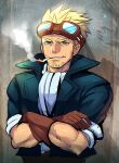  1boy ascot blonde_hair blue_eyes blue_jacket brown_gloves cid_highwind cigarette crossed_arms facial_hair final_fantasy final_fantasy_vii fujimaru_(green_sparrow) gloves goggles goggles_on_head grey_background jacket looking_at_viewer male_focus mature_male muscular muscular_male shirt short_hair sideburns sleeves_rolled_up smoke smoking solo spiky_hair upper_body white_shirt 