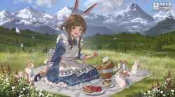  1girl absurdres amiya_(arknights) animal_ear_fluff animal_ears apron arknights blue_dress blue_eyes blush bread brown_hair commentary dress food highres mandaring0 medium_hair official_alternate_costume open_mouth outdoors picnic rabbit rabbit_ears rabbit_girl short_twintails sitting solo twintails white_apron white_rabbit_candy 