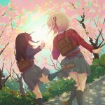  2girls absurdres bag black_hair bush cherry_blossoms day from_behind highres inoue_takina kicking long_hair lotica lycoris_recoil multiple_girls nishikigi_chisato outdoors road school_bag school_uniform shoes short_hair skirt socks street sunlight tree white_hair 