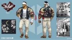  1boy absurdres black_hair capcom cat character_name commentary_request copyright_notice floral_print hand_wraps highres jacket laundromat letterman_jacket male_focus official_alternate_costume official_art open_clothes open_jacket pants reference_sheet ryu_(sf6_outfit_3)_(street_fighter) ryu_(street_fighter) sandals sitting street_fighter street_fighter_6 sukajan torn_clothes torn_pants towel towel_on_head 