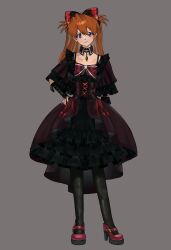  black_bow blue_eyes blush bow collar commentary_request dress frilled_dress frilled_skirt frilled_sleeves frills gothic_lolita hair_between_eyes hair_bow highres jewelry kitomw05 lolita_fashion long_hair necklace neon_genesis_evangelion orange_hair red_bow red_shoes shoes skirt smile souryuu_asuka_langley 