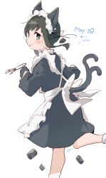  1girl alternate_costume animal_ears apron black_dress black_hair cat_ears cat_tail dated depth_charge dress enmaided feet_out_of_frame fubuki_(kancolle) grey_eyes highres kantai_collection low_ponytail ma_rukan maid maid_headdress ponytail running simple_background solo tail white_apron white_background 