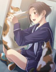  1girl animal asymmetrical_hair black_hair blue_sailor_collar blue_serafuku blue_skirt blush bob_cut brown_eyes calico_(pattern) calico_cat cat dutch_angle forehead from_side full_body hands_up highres holding holding_animal indian_style kobayakawa_rinko long_sleeves looking_at_animal love_plus miniskirt neckerchief official_art open_mouth outdoors parted_bangs pleated_skirt sailor_collar school_uniform serafuku shoes short_hair sitting skirt smile solo towano_high_school_uniform white_neckerchief white_shoes winter_uniform 