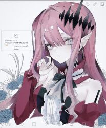  1girl art_program_in_frame baobhan_sith_(fate) breasts cropped_torso detached_sleeves earrings fate/grand_order fate_(series) flower g6xdl grey_eyes hair_ornament highres jewelry long_hair looking_at_viewer pink_hair pointy_ears sidelocks solo white_background 