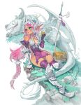  1girl armor clip_studio_paint_(medium) dragon eating highres knight pink_hair pointy_ears weapon xaxaxa 